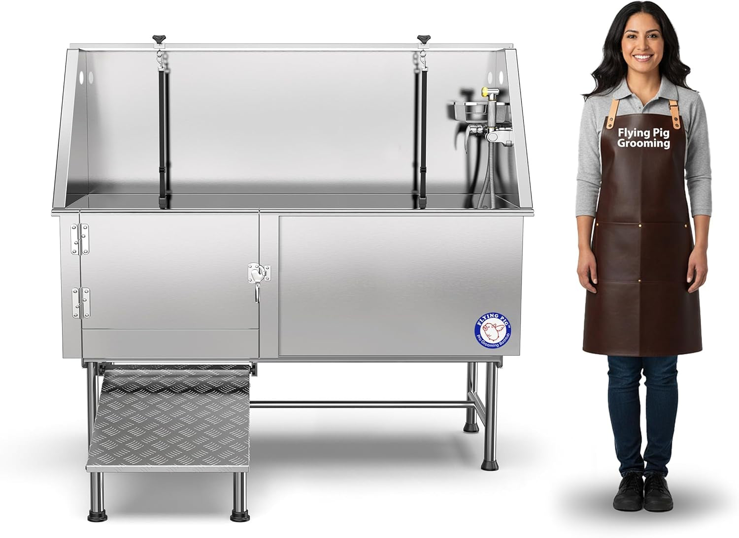 Flying Pig 62" Stainless Steel Pet Dog Grooming Bath Tub with Walk-In Ramp & Accessories (Left Door/Right Drain)