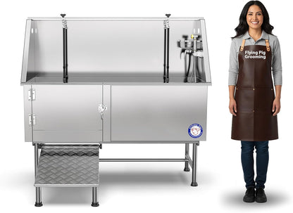 Flying Pig 62" Stainless Steel Pet Dog Grooming Bath Tub with Walk-In Ramp & Accessories (Left Door/Right Drain)